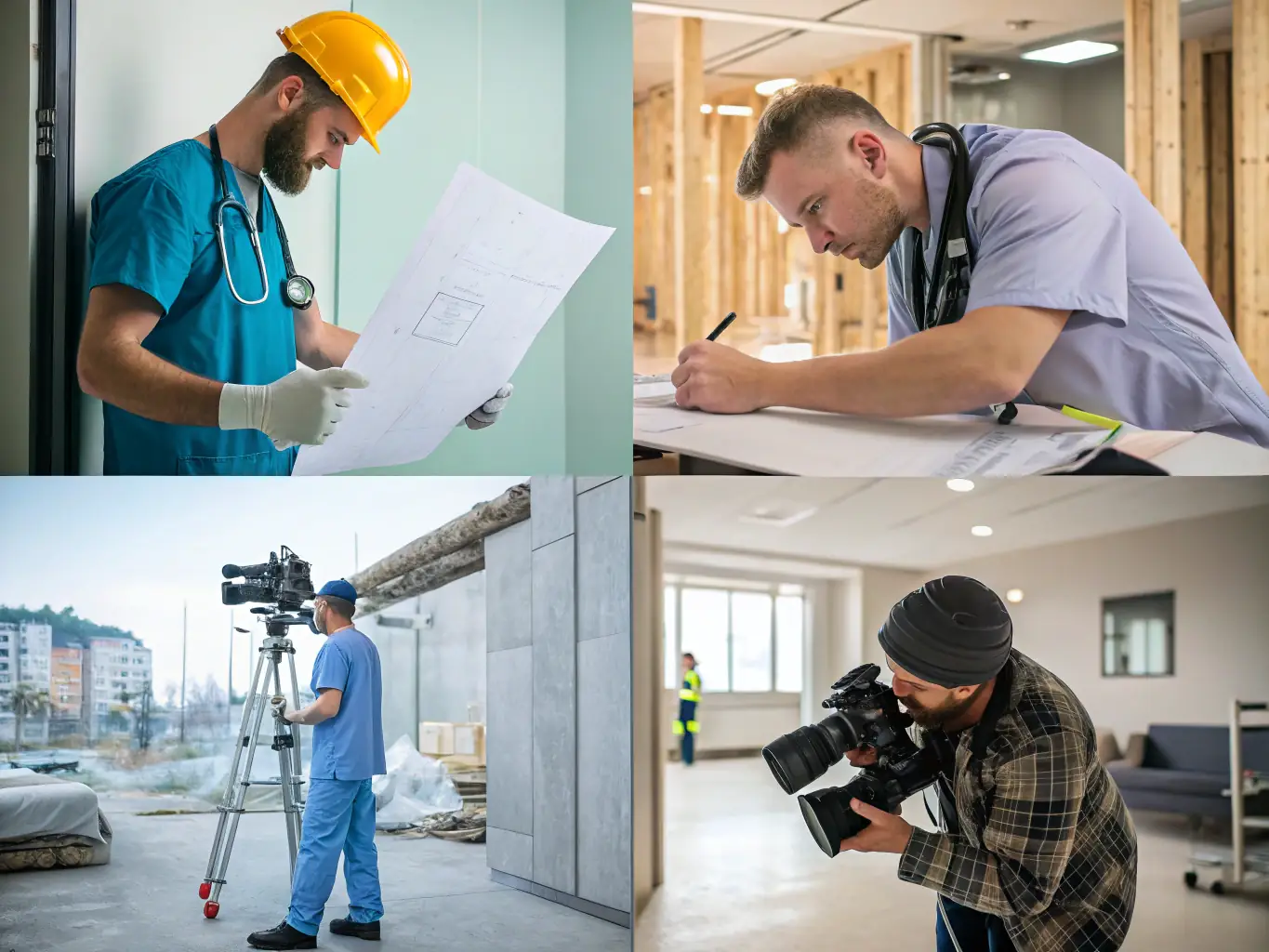A collage of professionals in construction, healthcare, influencer, and insurance settings, representing the agency's specialization in these industries.