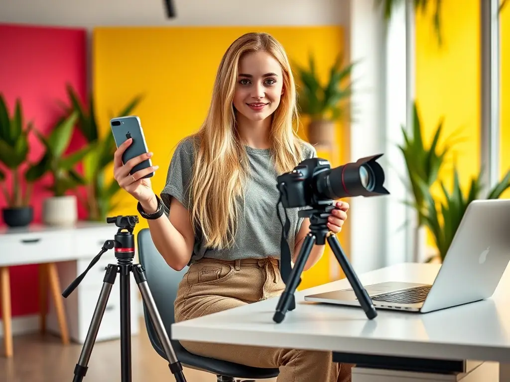 An influencer creating content, showcasing Root Recruiting's expertise in influencer recruitment. The image should be modern and engaging.