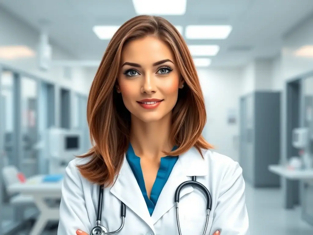 A healthcare professional in a lab coat, representing Root Recruiting's specialization in healthcare recruitment. The image should evoke trust and competence.