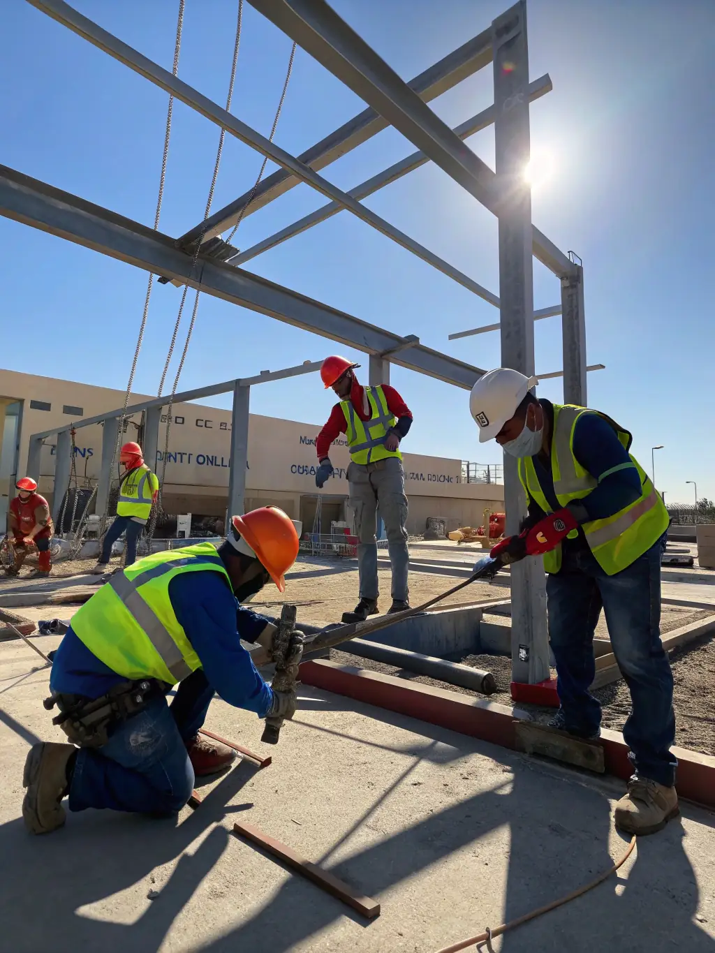 A construction site with workers wearing hard hats and safety vests, showcasing Root Recruiting's expertise in construction recruitment.