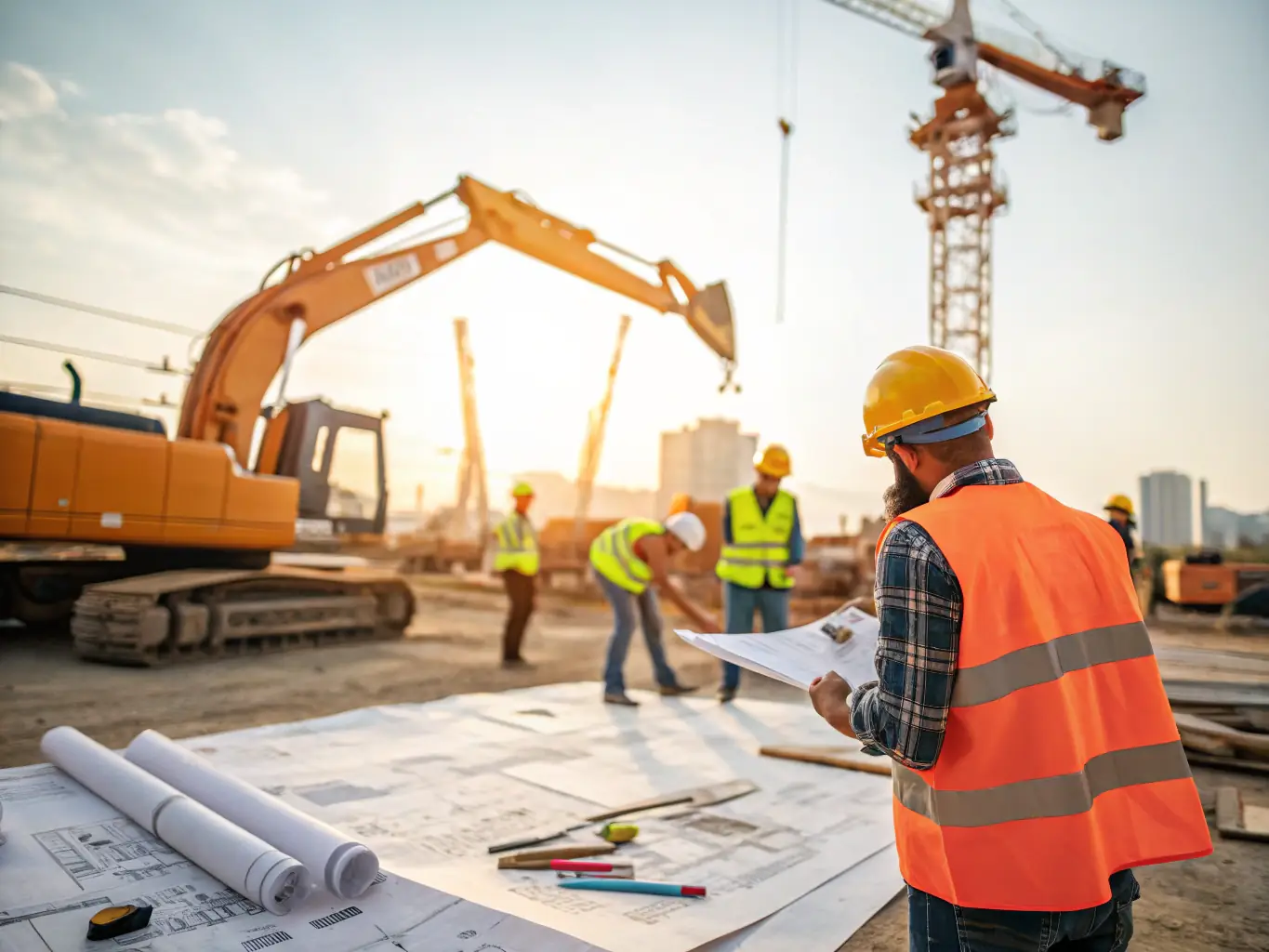 A construction site with workers wearing hard hats, symbolizing Root Recruiting's expertise in construction recruitment. The image should convey professionalism and industry knowledge.