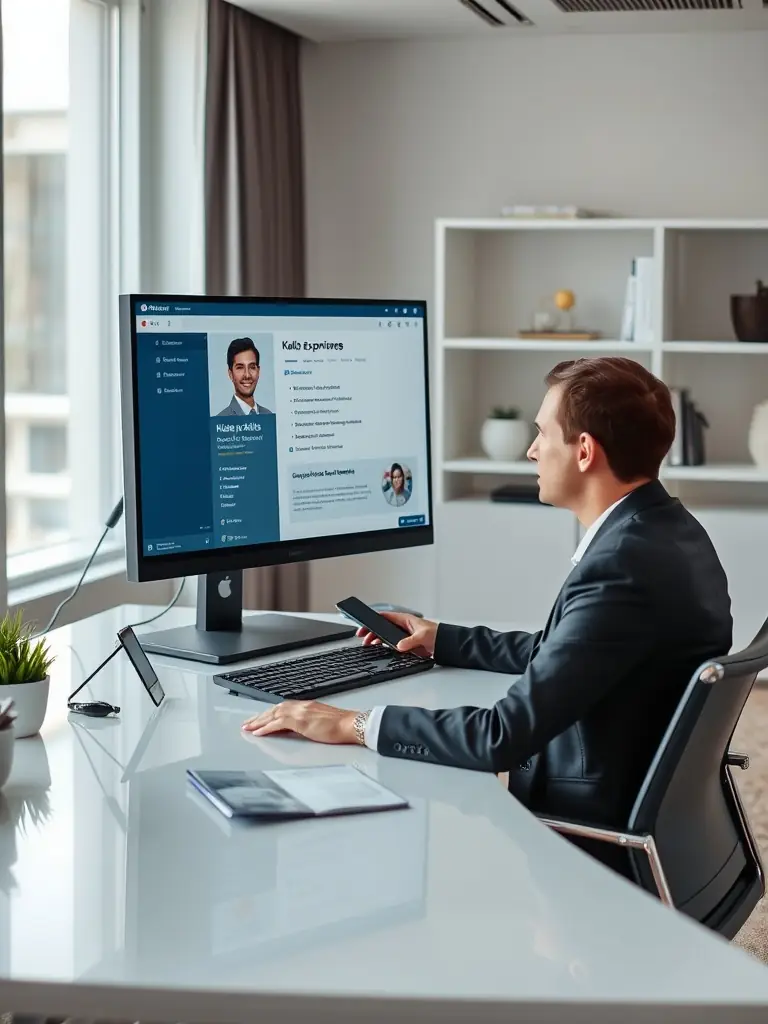 A professional recruiter reviewing candidate profiles on a computer, representing Root Recruiting's candidate sourcing and qualification services.