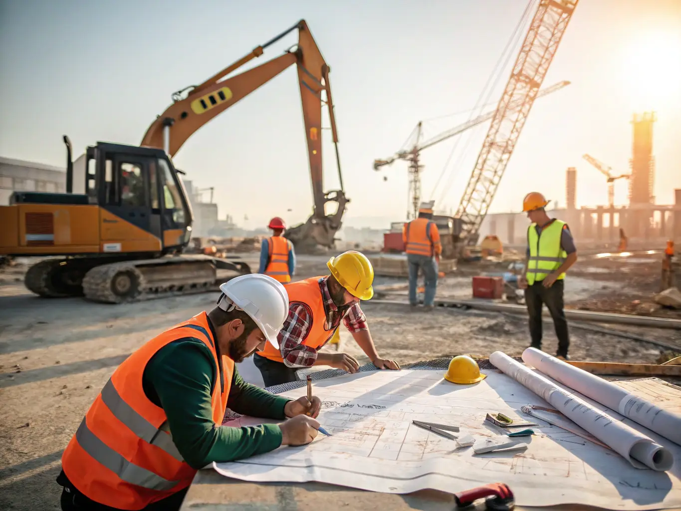 A construction site with workers wearing hard hats, symbolizing Root Recruiting's expertise in construction recruitment.
