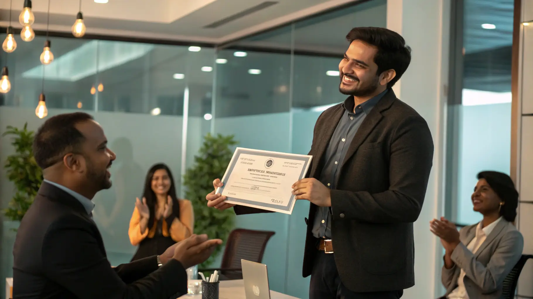 An employee at Root Recruiting receiving an award for outstanding performance, with colleagues applauding in the background.