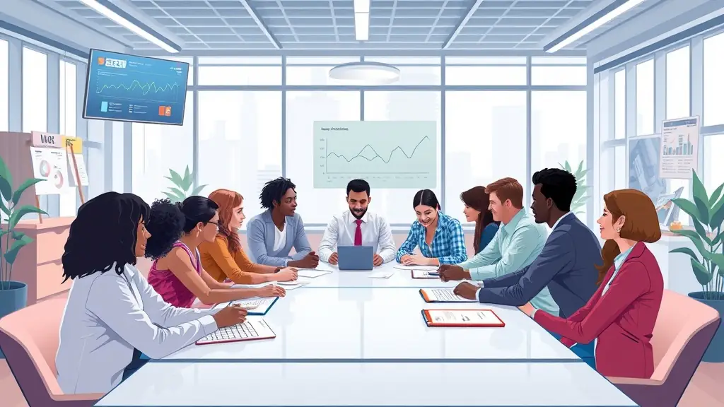 A group of diverse Root Recruiting employees collaborating in a modern office space, smiling and engaged in a discussion.